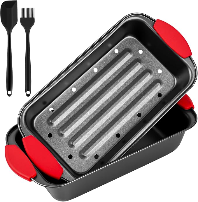 Meatloaf Pan with Drain Tray, 2PCS Nonstick Meat Loaf Pan with Drip Insert | Includes Spatula & Basting Brush, Versatile Baking Pan with Silicone Grip for Meatloaf, Bread, Roast, Cakes, Carbon Steel