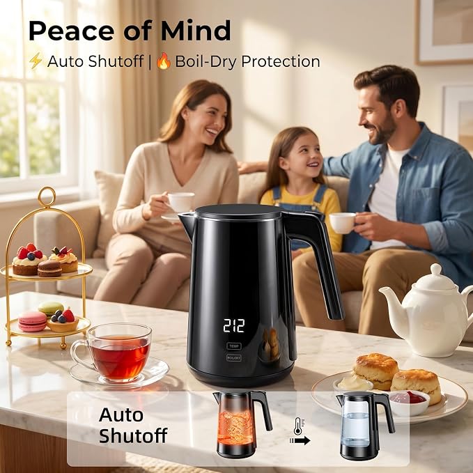 Electric Kettle 1.0L, 1200W Fast Boiling, 7 Temp Settings & 4H Keep Warm | Stainless Steel Inner, BPA-Free, Auto Shut-Off, Water Boiler, Cool Touch Exterior, Tea Coffee Kettle for Home Office, Black