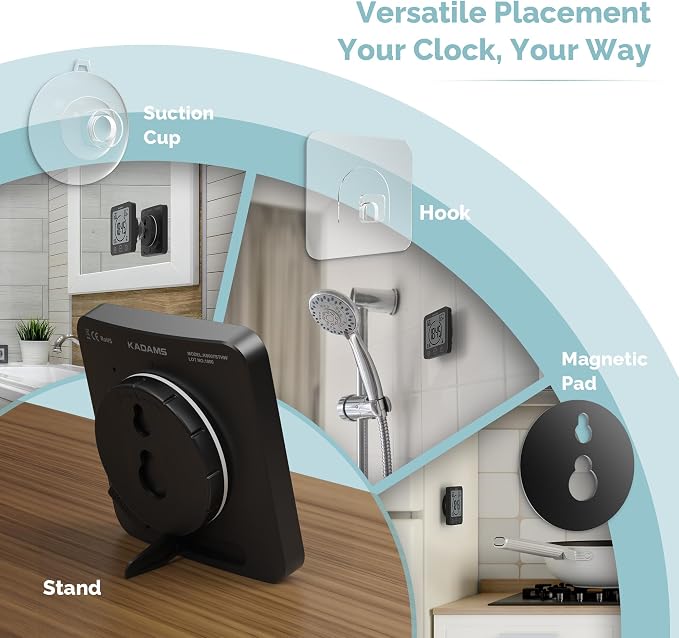 KADAMS Shower Clock Waterproof Bathroom Timer – Digital Wall Clock with Countdown, Magnetic Kitchen Clock with Temperature & Humidity, Suction Cup for Kids Shower Spa Cook Bath (Black)