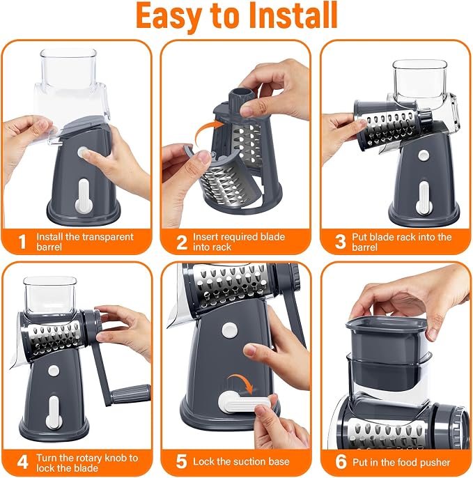 Rotary Cheese Grater Hand Crank, 5-in-1 Vegetable Chopper Spiralizer Slicer | Shredder with 5 Interchangeable Blades for Vegetable, Cheese, Fruit, with Blades Storage Box & Stable Suction Base (Grey)