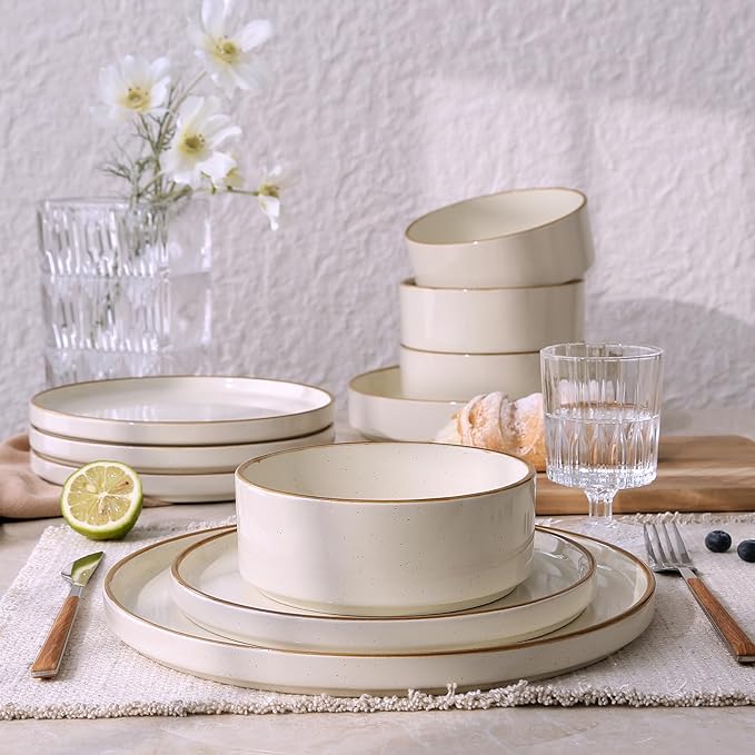 Famiware Nebula 12-Piece Dinnerware Set, Vanilla White with Brown Rim | Stoneware Dish Set for 4, Plates and Bowls, Microwave and Dishwasher Safe, Chip and Scratch Resistant