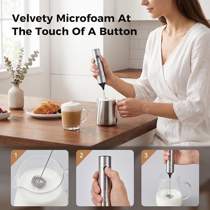 Rechargeable Milk Frother Handheld, 3 Speeds for Coffee, Latte | Electric Foam Maker with Dual Spring Whisk, Hot Chocolate, Portable Charging USB-C Stainless Steel Hand Drink Mixer