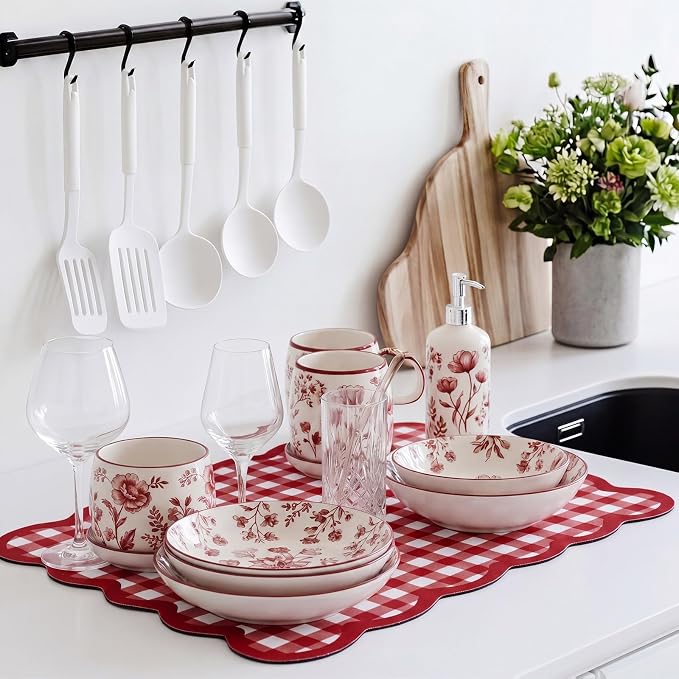 Red Scalloped Gingham Coffee Mat 12" x 20" Absorbent Bar Mat | Gingham Espresso Matt with Non Slip Rubber Backing for Coffee Countertops