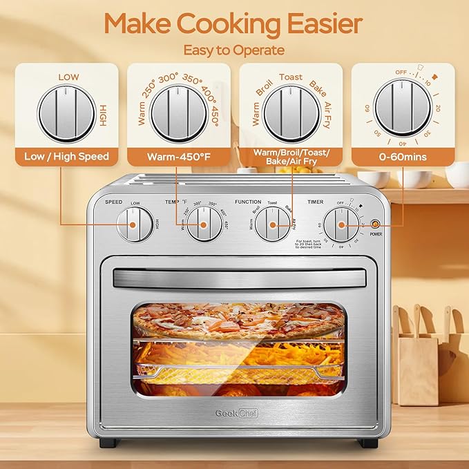 Geek Chef Air Fryer Toaster Oven Combo, 16QT 5-in-1 Toaster Ovens Countertop, Convection AirFryer with Bake, Air fryer & Toaster, Broil and Warm Functions, Stainless Steel Easy Oven for Wonder Meals