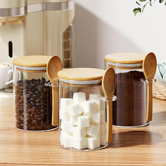 15 oz Glass Sugar Container, 1 Pack Coffee Container, Glass Jars with Lids | Seal, BPA-Free, Bamboo Soop, Coffee Bar Accessories, for Coffee Beans, Creamer, Salt, Overnight Oats, Brown sugar, Candy, Tea