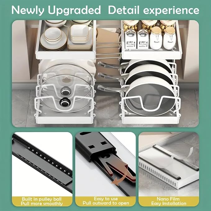 2 Pack Pull Out Pots and Pans Organizer for Cabinet & Countertop, Kitchen Cabinet Organizer with 8 Adjustable Dividers, Storage for Pot Lid, Dishes, Bakeware, White