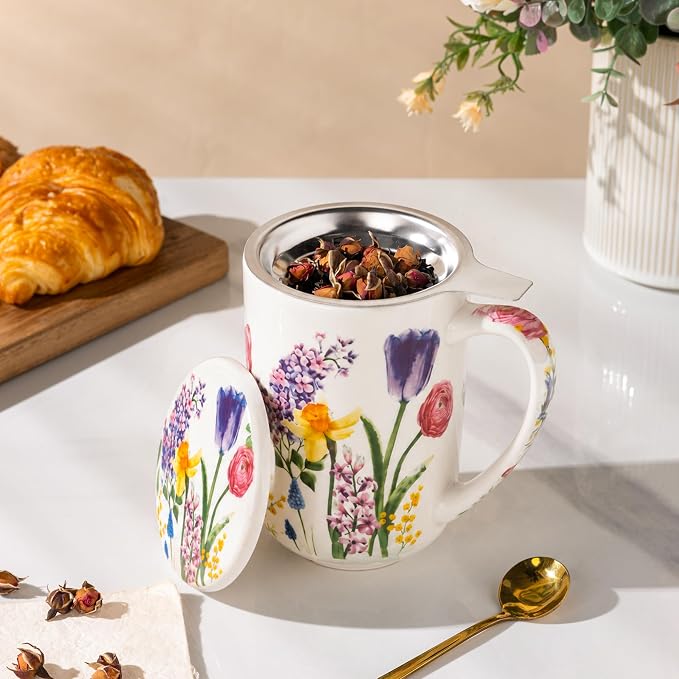 GBhome Tea Mug with Infuser and Lid,18 Ounce Ceramic Loose Leaf Cup Steeper | Lead-Free Glaze For Tea Lovers,Microwave & Dishwasher Safe with Tea Strainer