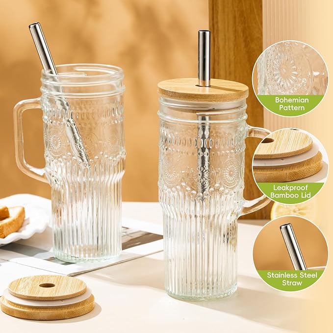 JunVpic Glass Tumbler, 24 oz Ice Coffee Cups with Bamboo Lid and Handle | Stainless steel straws and cleaning brushes, boho pattern design for iced coffee, smoothies, tea and daily drinks