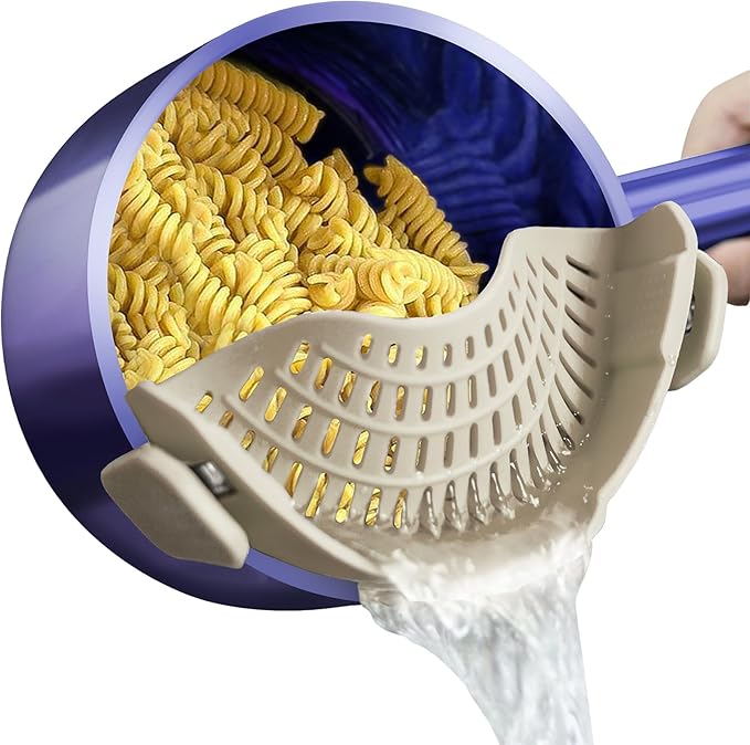 AUOON Pasta Strainer Clip on Silicone, Standard 8.86 x 3.55 in, MilkShake | BPA-free, Fits All Pots Pans Bowls, Dishwasher Safe, for Meat Noodles Vegetable Fruits, Space-saving Kitchen Gadget