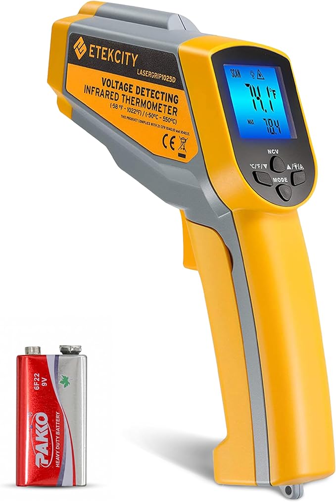 Etekcity Infrared Thermometer 1025D (Not for Human) Dual Laser Temperature Gun-58℉~1022℉ (-50℃~550℃) with Adjustable Emissivity, Non-Contact Voltage Tester (NCV), Standard Size, Yellow & Gray | Pizza Oven, Griddle, BBQ, Meat, HVAC, Engine, Electricians...