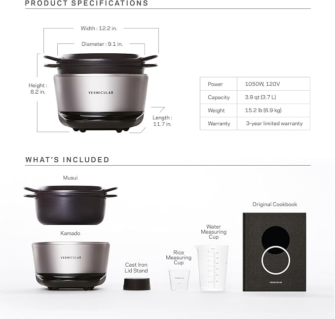 Vermicular Musui–Kamado Cast Iron Induction Cooker, Charcoal | Precision Temperature Control, Waterless Cooking, Non-Toxic Enameled Cast Iron Pot, Japanese Multicooker & Rice Cooker (120V)