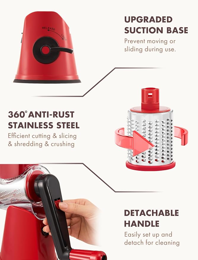GDL Cheese Grater Hand Crank, Rotary Cheese shredder, Vegetable Slicer | 5 Stainless Steel Blades, 12x Fast Cutting, Non-slip Suction Base, No BPA, Dishwasher Safe, Easy Use for Cheese, Veggies, Nut