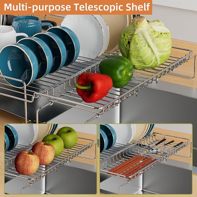 Dish Drying Rack Stainless Steel Expandable Large | Dish Drainer for Kitchen Counter with Stainless Drain Board Rustproof Collapsible Space Saving