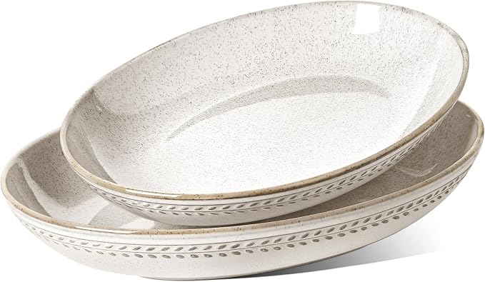 LE TAUCI Ceramic Serving Bowls Set of 2, Large Oval Serving Dishes for Entertaining, 13.5 & 14.6 Inch Salad Bowl for Kitchen Counter, Fruit Bowl, Pasta Bowls, Microwave and Dishwasher Safe - Birch