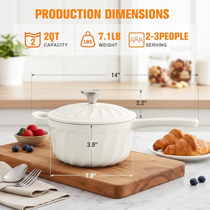 Enameled Cast Iron Sauce Pan with Lid, 2 Quart Saucepan with Lid | Dutch Oven with Lid, Small Cast Iron Pot for Cooking Pasta, Soup, Milk, Induction & Oven Safe Up to 500°F, White