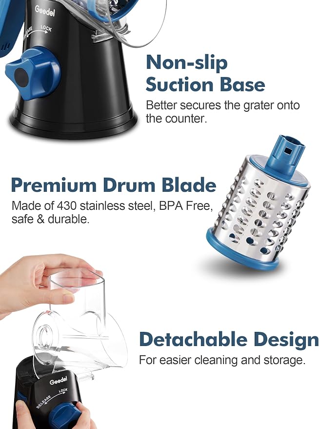 Geedel Rotary Cheese Grater, Kitchen Mandoline Vegetable Slicer with 3 Interchangeable Blades, Easy to Clean Rotary Grater Slicer for Fruit, Vegetables, Nuts | 3 Blades, 430 Stainless Steel, 12x Fast Cutting, Strong Suction Base, No BPA, Dishwasher Saf...