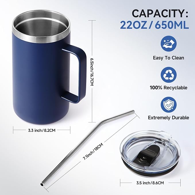 Volhoply 22oz Insulated Stainless Steel Coffee Mugs with Leakproof Lid Bulk 2 Pack,Double Wall Vacuum Travel Coffee Cup with Handle,Reusable Metal Tumbler,Camping Mug Keep Hot&Cold(Navy,2)