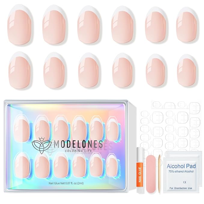 modelones French Tip Press On Nails, Short Oval Fake Nails Nails Press Ons | with Nail Glue, Adhesive Tabs, Nail File, Prep Pad, Manicure Stick, 32Pcs 16 Sizes, Nude, Summer Women Girl Gift