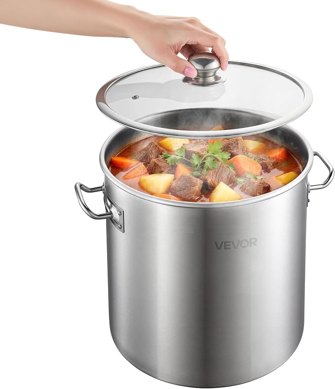 VEVOR Stainless Steel Stock Pot, 21-Quart Stainless Steel Stockpot with Glass Lid, PFOA-Free, PFAS-Free, Compatible with Gas Stoves, Induction Cooktops, Electric Stoves, for Soups, Stews, and Pasta