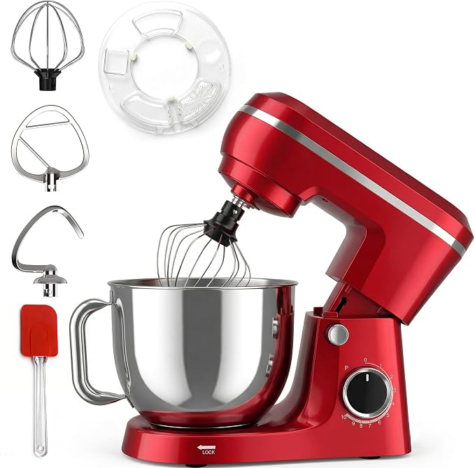 Household Stand Mixer with 6.5 Quart Bowl, 660W Household Food Mixer 10+p Speeds, Kitchen Tilt-Head Bread Dough and Cake Mixers with Dough Hook, Whisk, Beater, Splash Guard and Egg Separator (Red)