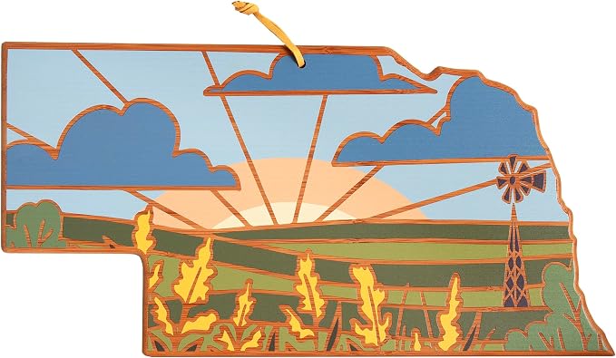 Totally Bamboo Nebraska State Shaped Cutting Board, Summer Stokes Art | State charcuterie board with colorful hand-drawn landscape art. Smooth reverse side for food prep. Hang tie for wall display.