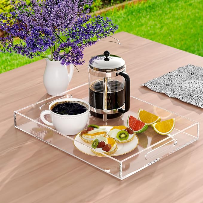 NIUBEE Clear Serving Tray 12x16 Inches -Spill Proof- Acrylic Decorative Tray Organiser for Ottoman Coffee Table Countertop with Handles | Spill-Proof tray for Coffee Table, Ottoman | Decorative Tray for Breakfast in Bed, Drink Serving & Home Organization