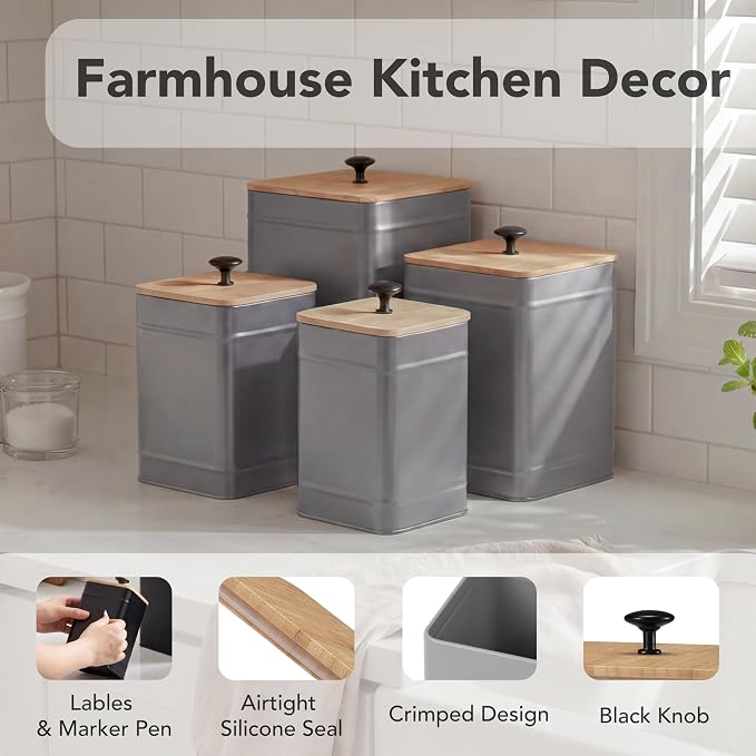 PERFNIQUE Kitchen Canisters, Airtight Canister Sets for Kitchen Counter, Kitchen Canisters for Countertop Set of 4, Coffee Tea Sugar Flour Spice Tin Jars Food Storage Container with Lid(Grey)