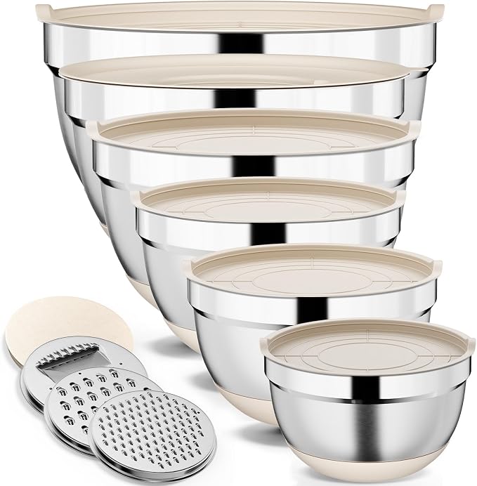 9 Pack Mixing Bowls with Airtight Lids & Grater Attachments, Khaki | Stainless Steel Bowl, Non-slip Bases, Nesting Kitchen Bowl, Size 5, 4, 3, 2, 1.5,1QT,for Food Prep, Baking, Storage & Serving