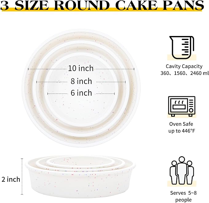 Silicone Round Cake Pans, 6 8 10 inch, Set of 3, Cream | Metal Reinforced Frame, Nonstick Layer Cake Molds for Baking, BPA Free