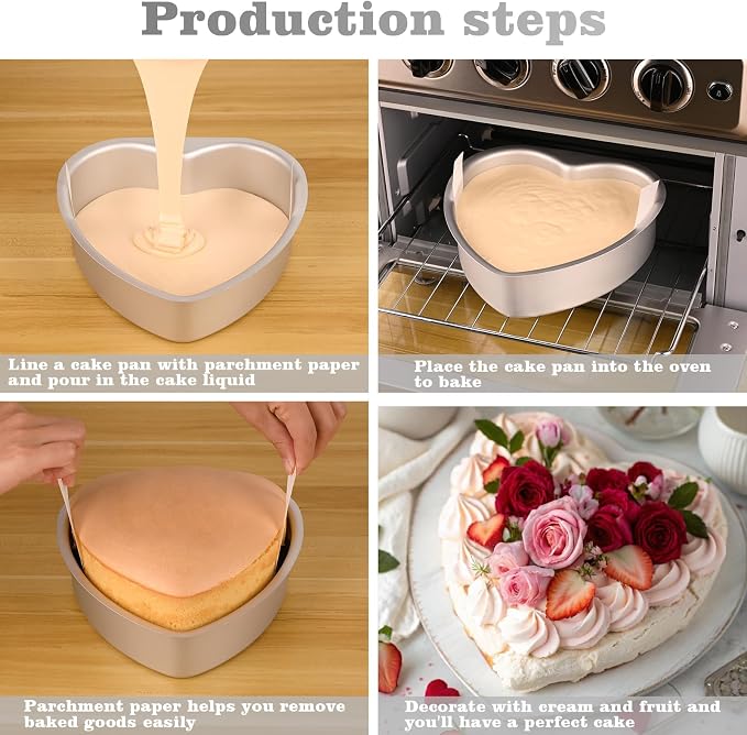 HUAKENER 8 Inch Heart Cake Pan, Non-stick Aluminum Heart Cake Pan | Set of 2 Pack Heart Shaped Cake Pans with 60 Pieces Parchment Paper, Cake Baking Pans for Kitchen Birthday Wedding