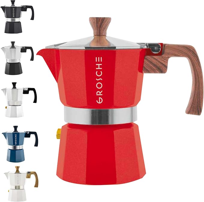 GROSCHE Milano Stovetop Espresso Maker Moka Pot 3 espresso Cup - 5oz, Red - Cuban Coffee Maker Stove top coffee maker Moka Italian espresso greca coffee maker brewer percolator | Cuban Coffee Maker And Italian Moka Pot For Stovetop Espresso; For Gas, E...