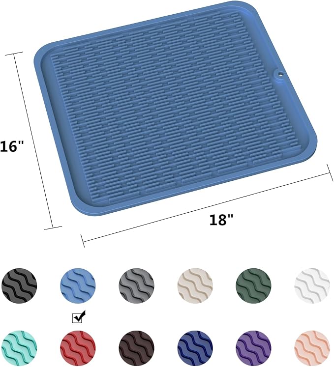 ZLR Oversized Silicone Dish Drying Mat for Kitchen, 16"x18", Lichen Blue | Family-Size Drainboard for Pots & Pans, Thick 4mm No-Curl, Heat-Resistant Trivet to 450°F, Non-Slip, Rolls to Store