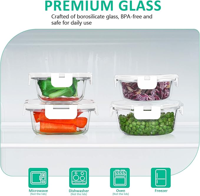 24 Pieces Glass Food Storage Containers Set, Meal Prep Containers, BPA-Free Airtight Glass Storage Containers with lids,Freezer, Microwave and Oven Safe,White
