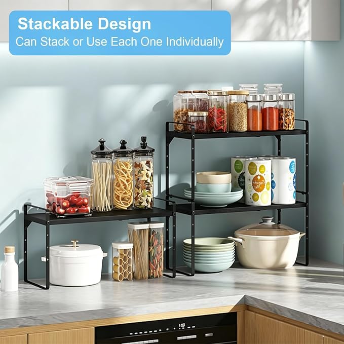 15.5 to 25.5 Inch Expandable Kitchen Cabinet Organizer Shelf, 2 Pack 30 LBS Heavy Duty Adjustable Kitchen Counter Storage Shelves Organizers,Stackable Small Storage Shelf Rack For Cabinet Cupboard