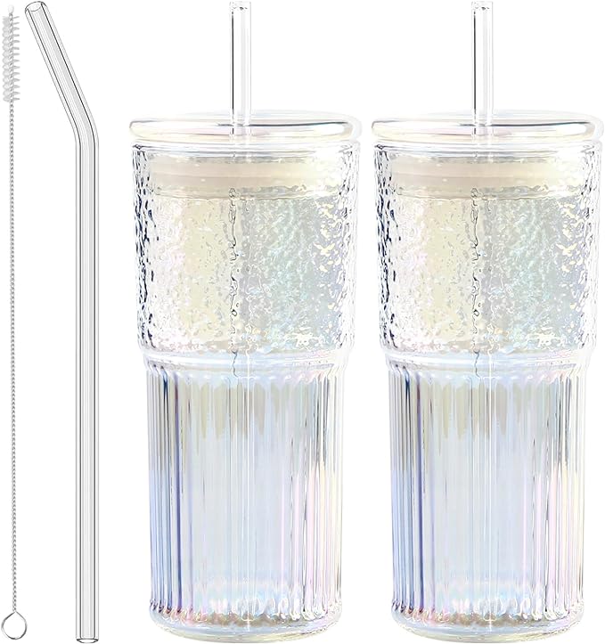 JunVpic Glass Coffee Tumbler, 20 oz Glass Cup with Lid and Straw | Multicolor glass design, Hammered Texture, reusable straw and lid for iced coffee, tea, smoothies and hot & cold drink