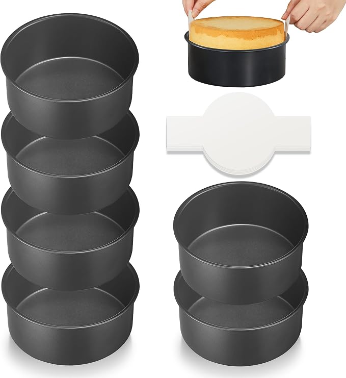 6 Inch Cake Pans for Baking, Round Small Layer Cake Pan Set with 120 Pieces Parchment Paper, Nonstick Circle Cheesecake Tin, 4 Pieces, Heavy Duty - Grey