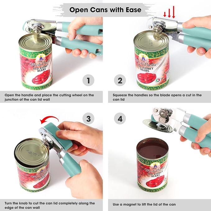 Beneno Heavy Duty Hand Can Opener Manual with Magnet Lid Remover, Mint | Razor-Sharp Carbon Steel Blade, Precise Smooth Cutting Gear, Big Effort-Saving Knob, Soft Grip Handle, Built-in Bottle Opener
