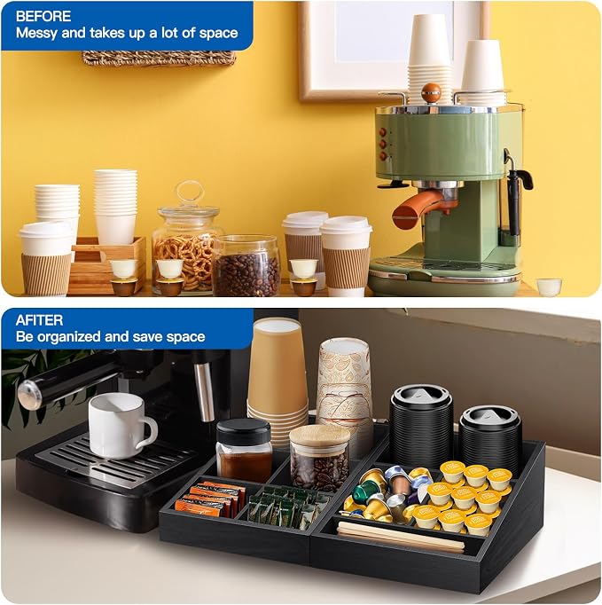 MINCORD Coffee Station Organizer for Counter | Wood Coffee Condiment Service Tray with 9 Compartment | Two-in-One Coffee Bar Supplies Organizer for Home Office Breakroom
