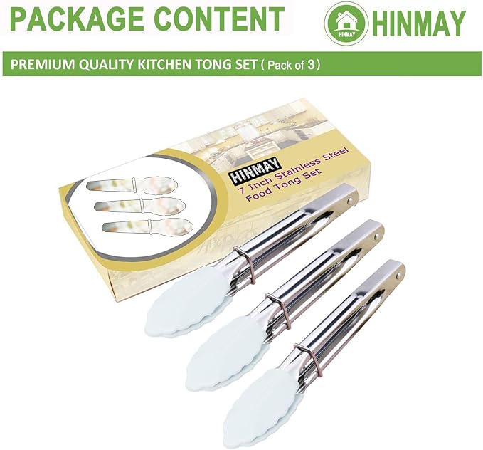 HINMAY 7-Inch Small Serving Tongs with Silicone Tips, Set of 3 (White) | 7-Inch Mini Tongs