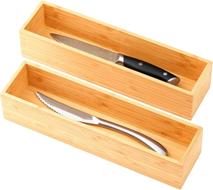 Bamboo Kitchen Drawer Organizer, Extra High Silverware Tray, Flatware Cutlery Storage Box, Multi-Use Holder in Office, Bathroom, Pantry - 12"x3"x2.5" (Set of 2)