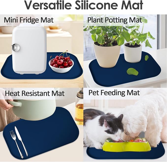Silicone Coffee Maker Mat with Lip for Countertops, 17.4''x10.6'' Navy Blue | Multi leak-proof coffee tray for countertop, non-slip silicone mat fits most coffee makers & espresso machines, wipe-clean