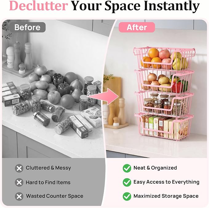 SUNALLY Stackable Storage Bins 4 Pcs Wire Baskets Freezer Organizer, Pink | Pantry Organizers Storage, Vegetable Fruit Storage Basket for Countertop, Kitchen Baskets for Onion Potato Snack Cans Storage