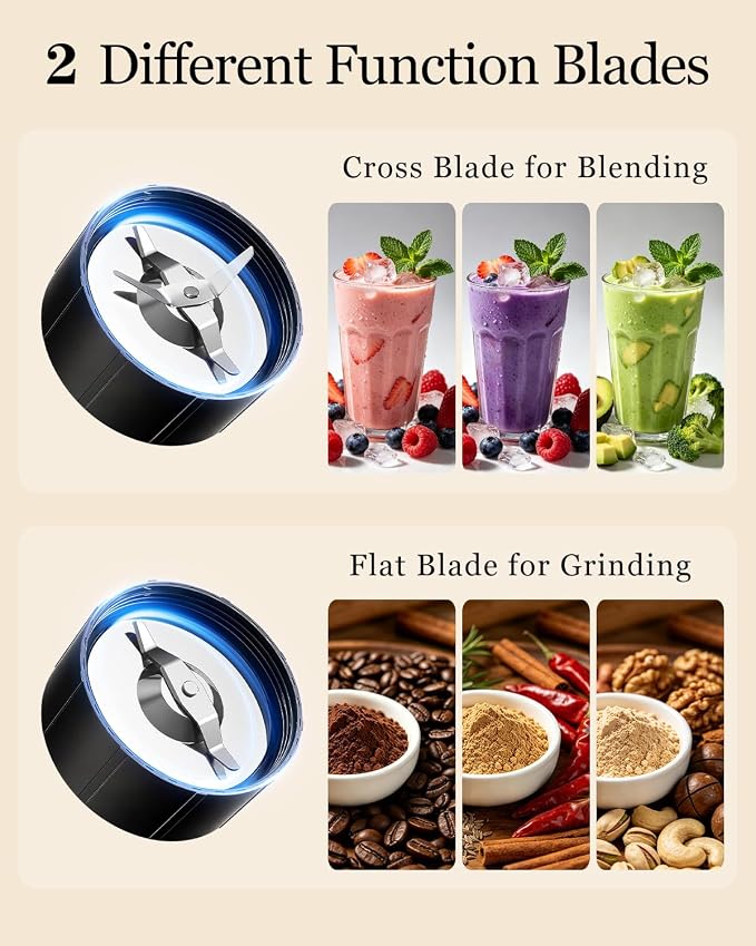 Personal Bullet Blender for Smoothies and Shakes, Kitchen Portable Compact Smoothie Maker with 2×24oz To-Go Cups, 10oz Grinding Cup for Frozen Drinks, Small Ice, and Spices