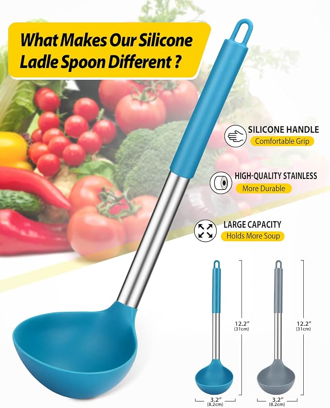 BUNDLEPRO Silicone Ladle Spoon Kitchen Utensils, 2 Pack, Grey-Blue | Non Stick, High Heat Resistant, BPA Free, Ideal for Cooking, Stirring,Serving Soups