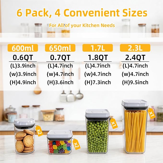 Pop Push Button Airtight Food Storage Containers 6 Set | 4 Sizes: 0.65/0.7/1.8/2.4Qt, BPA-Free Clear Canisters for Pantry, Pasta, Snacks, Coffee, Pet Food, Fridge