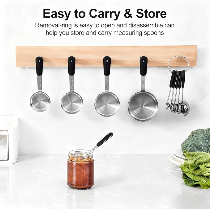 Bopei Measuring Cups and Spoons Set Stainless Steel 10 Piece for Cooking and Baking (5 Cups + 5 Spoons, Black Handle)