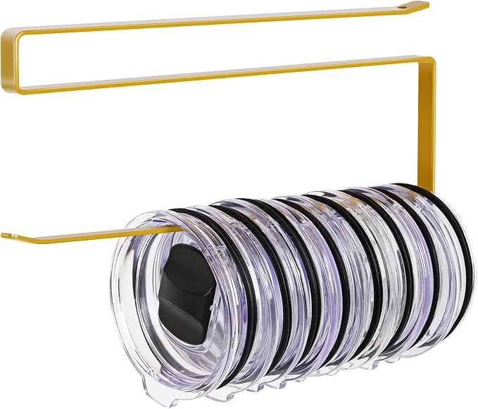 Tumbler Lid Organizer, Versatile Tumbler Lid Storage Holds 10 Lids, Gold | Space Saving Cup Lid Organizers Inside Cabinet Tumbler Lid Hook for Kitchen Organizer and Storage, Paper Towel Rack Hanger