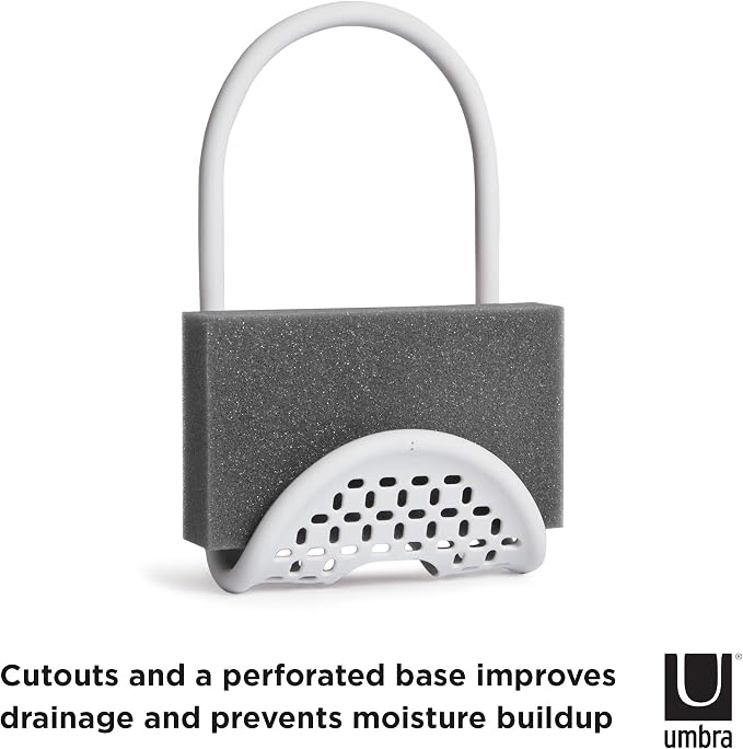 Umbra Sling Flexible Sink Caddy, Elastic Non-Slip Sponge Holder, White | Rubber material, perforated base for drainage, prevents moisture buildup, fits faucet necks, easy rinse clean