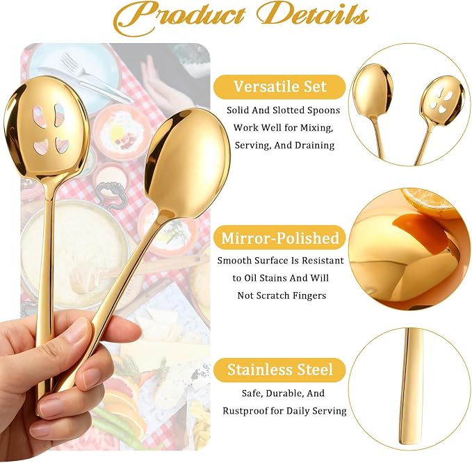 6 Pcs Serving Spoons Set, 9.2 Inch Gold Slotted Spoons | Long Handle,Dishwasher Safe Stainless Steel Metal Spoons Buffet Banquet Large Utensils Cutlery Set for Parties and Kitchen