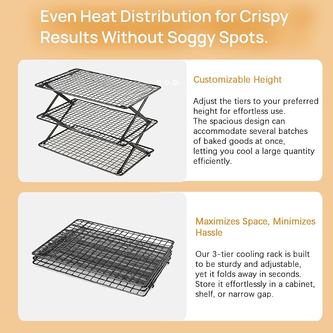 3-Tier Collapsible Cooling Rack with Adjustable 3 Setting, Wire Cooling Roasting Cooking Baking Drying Rack for Cookies Bread Turkey, Candy, Fruit, Snacks